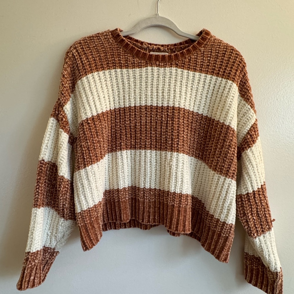 PacSun Brown and Cream Chunky Knit Crew Neck Sweater
